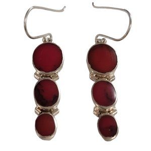 Sterling Silver Inlay Hinged Marbled Red Graduated Oval Dangle Earrings K964